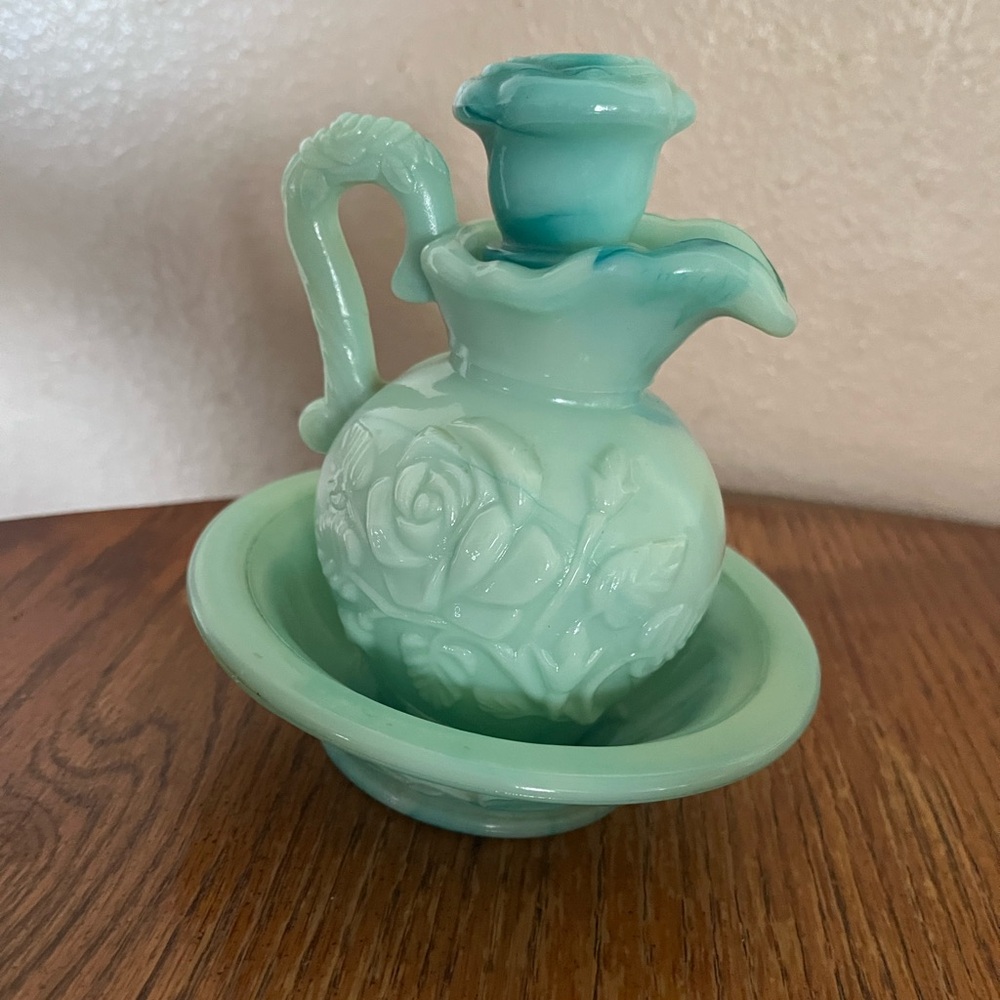 Vintage Green Glass Pitcher and Bowl Set